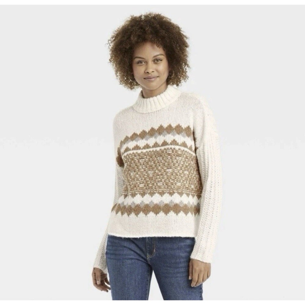 Knox Rose Fair Isle Ivory Mock Turtleneck Pointelle Sweater Women’s Size Large